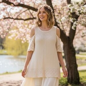 NWT Cream Knit Cold Shoulder Cotton Crochet Detail Boho Summer Size Medium